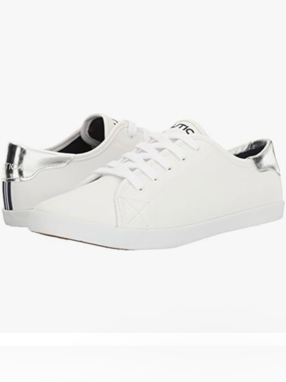 Nautica White Lace-Up Sneakers with Metallic Silver Heel Accent 0014